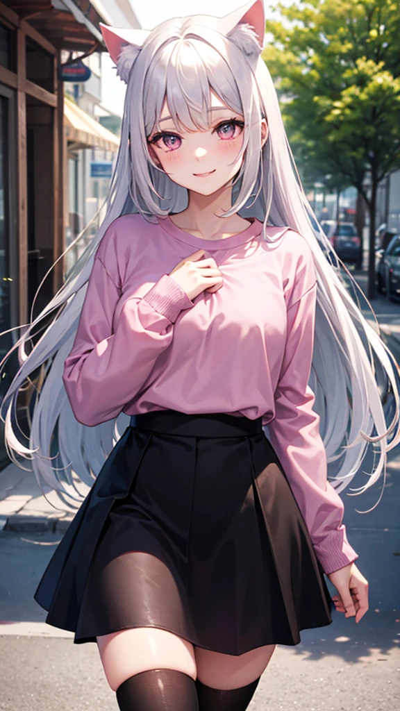 Center of chest,pretty girl,smile,Cat ear,Beautiful silver hair,Pink inside,Beautiful pink eyes,Oversized shirt、skirt、black tights