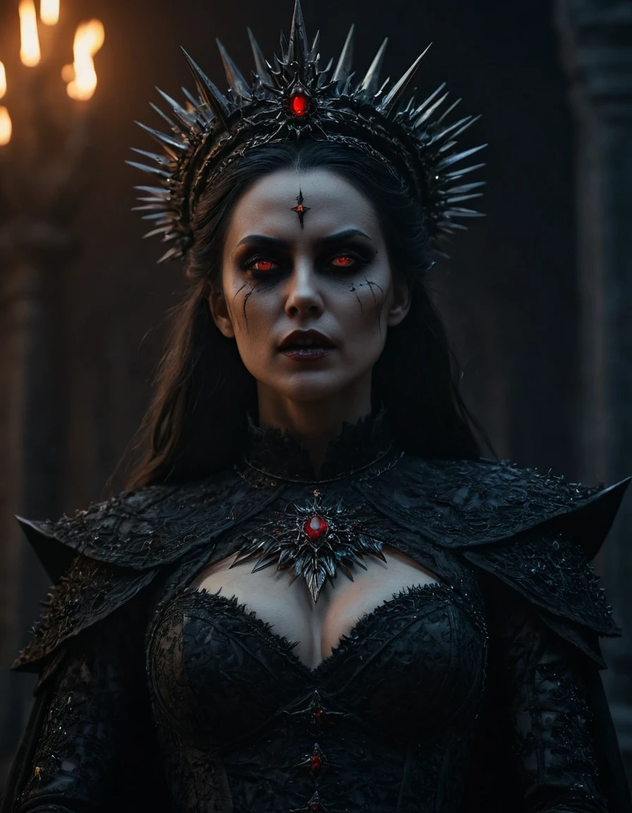 not emotional and cold Undead queen, spiked crown of hellfire, glowing red eyes, hyper-realistic, by Brom: Ultra-detailed of a corpse-pale queen. Elaborate crown of blackened metal spikes, each tip flickering with hellfire. Eyes blaze with intense red light, pupils like dying stars. Skin texture meticulously rendered, showing decay and otherworldly preservation. Dark, tattered royal garments with intricate, shadowy patterns. Background of smoldering brimstone and distant, tortured souls. Brom's signature style of gothic horror mixed with dark fantasy elements.(intricate details, hyperdetailed:1.15) (skin texture:1.2), cinematic, professional, 4k, (((dynamic model pose))), sitting, full body, mesmerizing, dynamic, dramatic, dynamic pose, highly detailed skin with hair, subcutaneous veins, light and shadow play, highly detailed,24mm photograph, bokeh, professional, 4k,