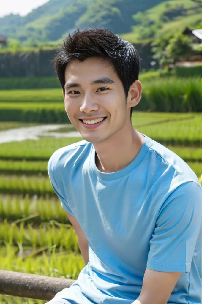 Korean man, Inspiration from Peng Yuyan, 30 years old, 236 years old, Cute Korean Face, 35 yo, 33 year old Korean muscular man，Rice fields are behind. blue t-shirt, open mouth smile