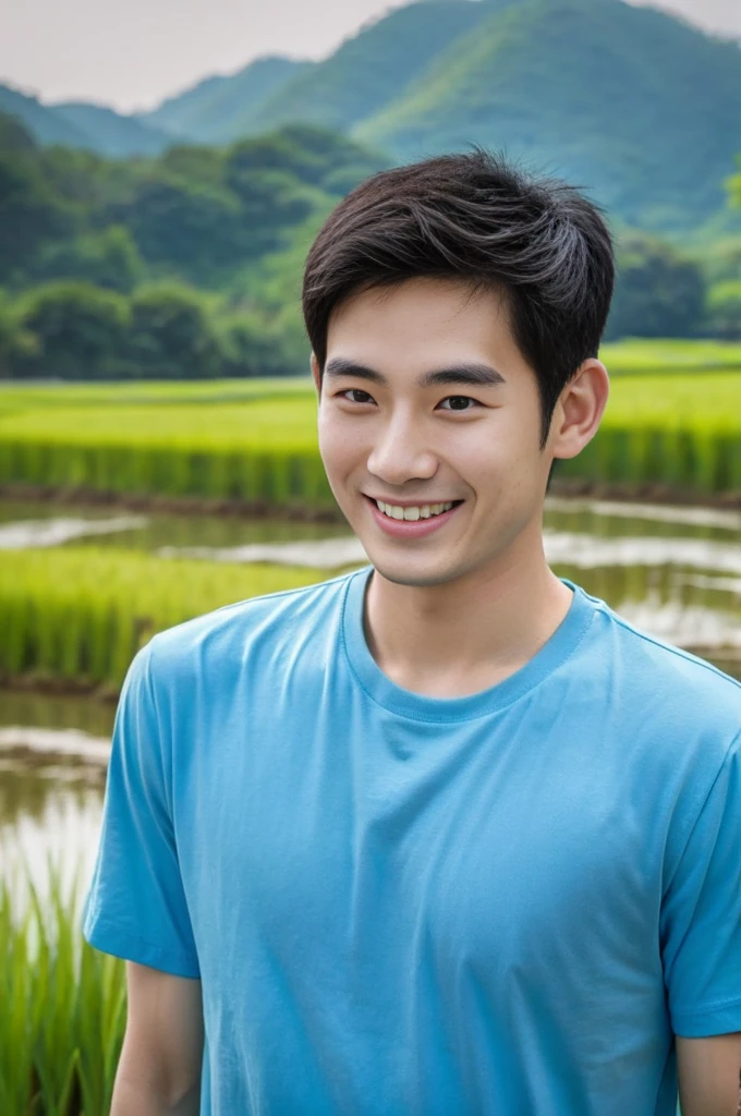 Korean man, Inspiration from Peng Yuyan, 30 years old, 236 years old, Cute Korean Face, 35 yo, 33 year old Korean muscular man，Rice fields are behind. blue t-shirt, open mouth smile