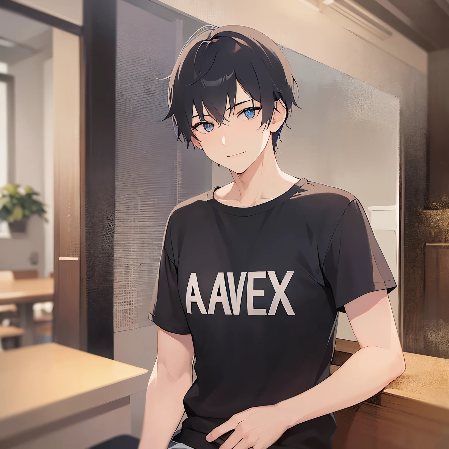upper body、
shiny skin, masterpiece、Highest quality、(25-year-old male:1.5) and (Black short hair) and (blue eyes)
(white) and (T-Shirts)
The background is the dining room at night、smile,closed mouth,Are standing、(alone:1.5)