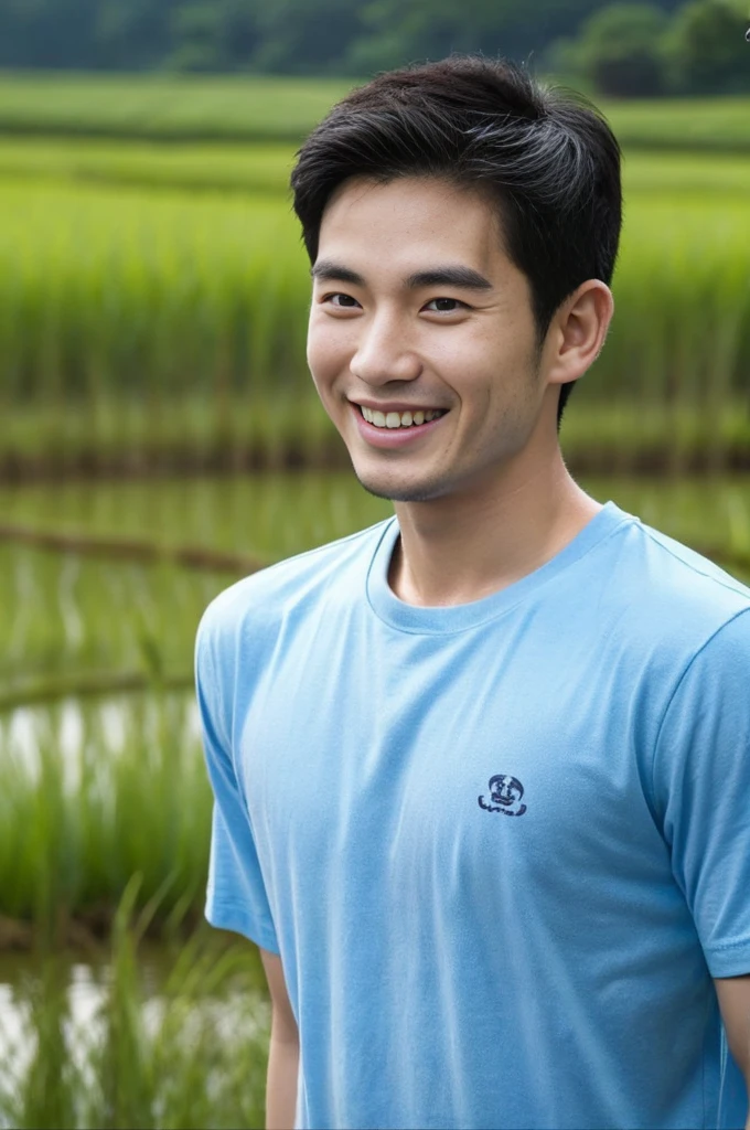 Korean man, Inspiration from Peng Yuyan, 30 years old, 236 years old, Cute Korean Face, 35 yo, 33 year old Korean muscular man,Rice fields are behind. blue t-shirt, open mouth smile