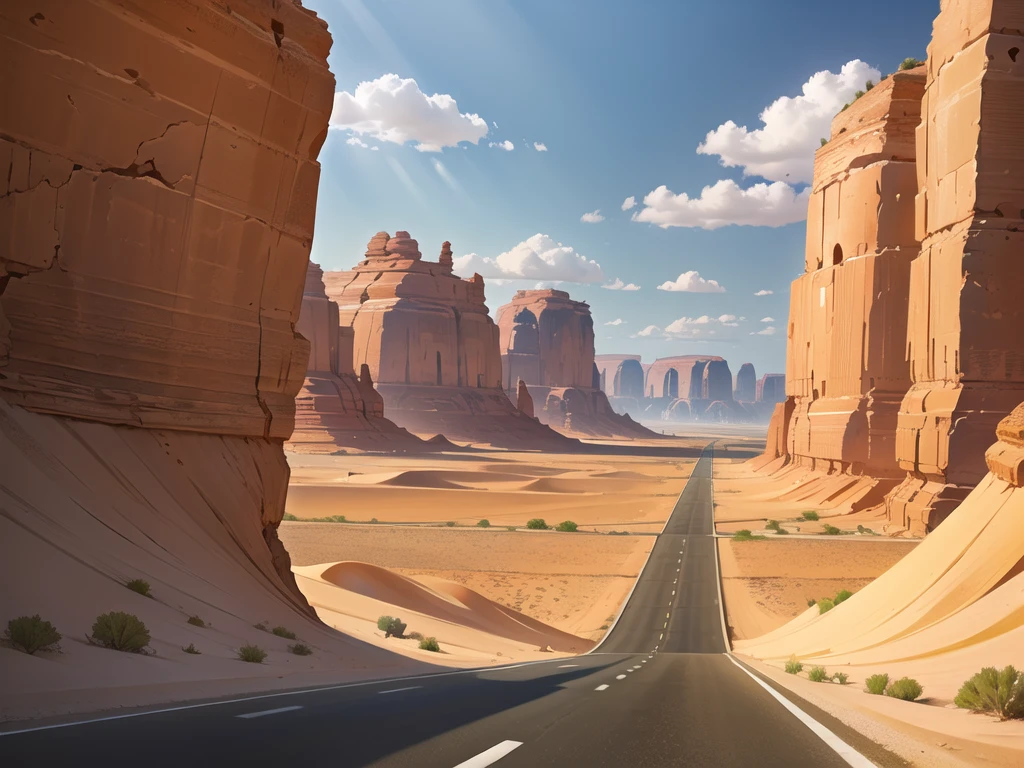 (desert  :1.2),road ,(รถกระบะวิ่งบนroad:1.2),  landscape:1.5
