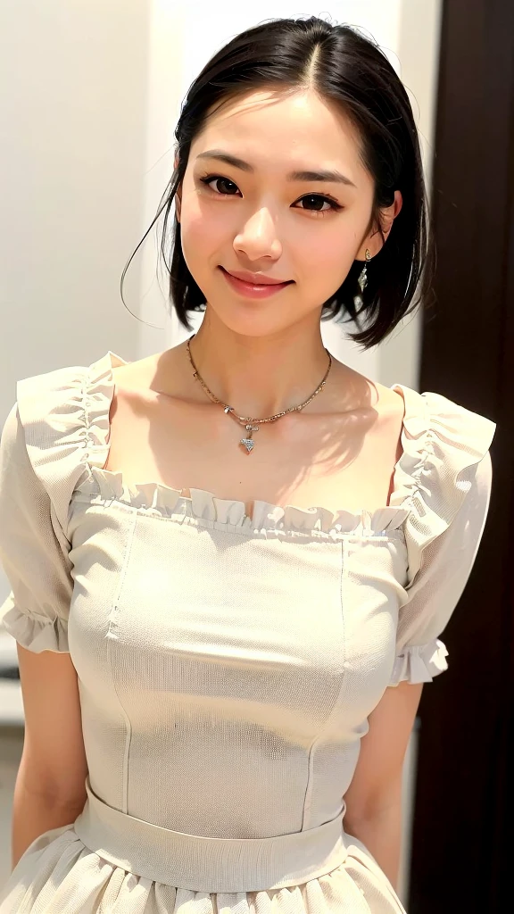(1 woman:1.99)、(Wide forehead、Very short hair、Very small amount of hair、Forehead、Fuji frame:1.1)、Sunburn、、Naughty、Happy expression、満面のsmile、Weakness、love、I feel very comfortable alone、(Puff sleeves),((Very sleepy、Improves skin texture,smile、Narrow eyes、Very weak eyesight、Very weak eyeliner、Eyes slightly closed、I know the shape of your head、Oval Face))、(slicked back hair:1.25)、Photographic, Raw photo, Mastepiece, Highly detailed photos, Digital SLR, Photo-realistic 1.4, Super hello nothing, Best Quality,(standing、tilting your head、whole body:1.7)