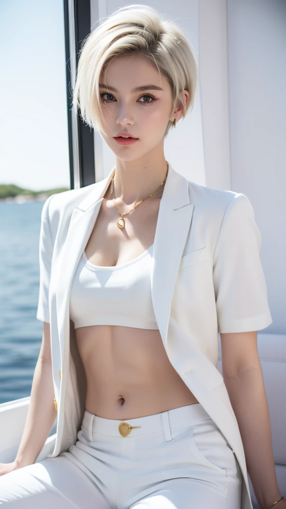 (masterpiece, best quality, beautiful and aesthetic:1.3), 1 Girl, Solitary, (White suit,White trousers:1.2),Gold-tone buttons,Have abdominal muscles,A faint smile, Model pose, Looking at the audience, Android 18, (White short hair:1.6), blue eyes, eyelash, Hoop Earrings, necklace, On the yacht