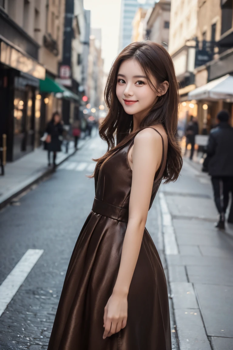 ((Highest quality, 8K, masterpiece :1.3)), 1 Girl, smile, whole body, Face thinning, Beautiful woman, (Dark brown hair), Full-length dress :1.1, Highly detailed face, Delicate eyes, double eyelid, Blurred Background, Face thinning, city, External, street,