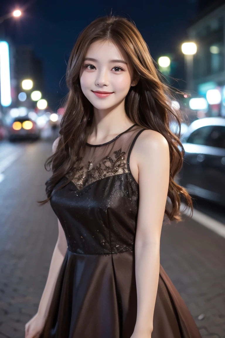 ((Highest quality, 8K, masterpiece :1.3)), 1 Girl, smile, whole body, Face thinning, Beautiful woman, (Dark brown hair), Full-length dress :1.1, Highly detailed face, Delicate eyes, double eyelid, Blurred Background, Face thinning, city, External, street,