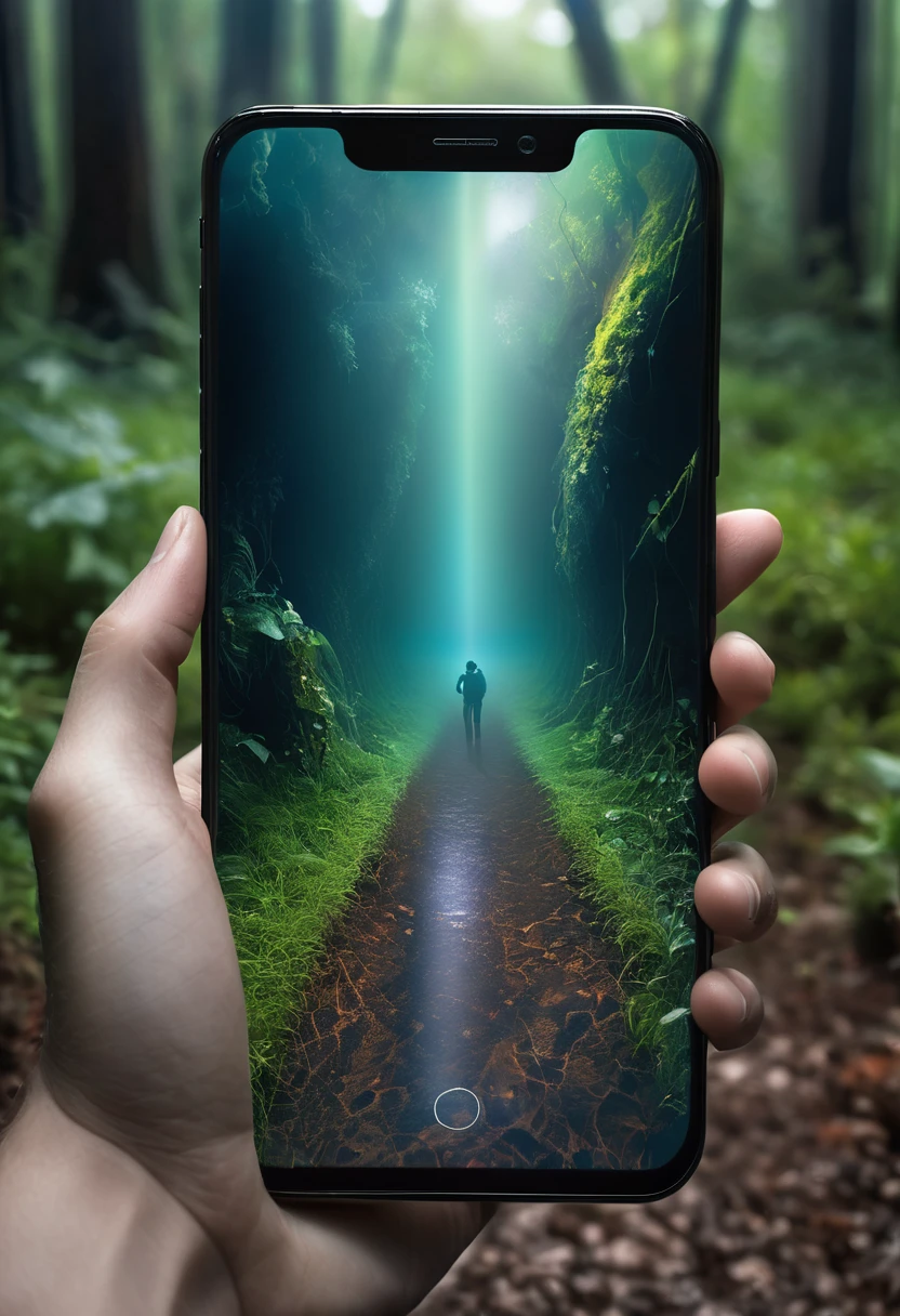 It's very realistic, with a smartphone in your hand and a google map displayed on the smartphone screen, There is a scary space filled with a very frightening atmospherein the depths of the image, The outline of the world appears blurry, outdoor