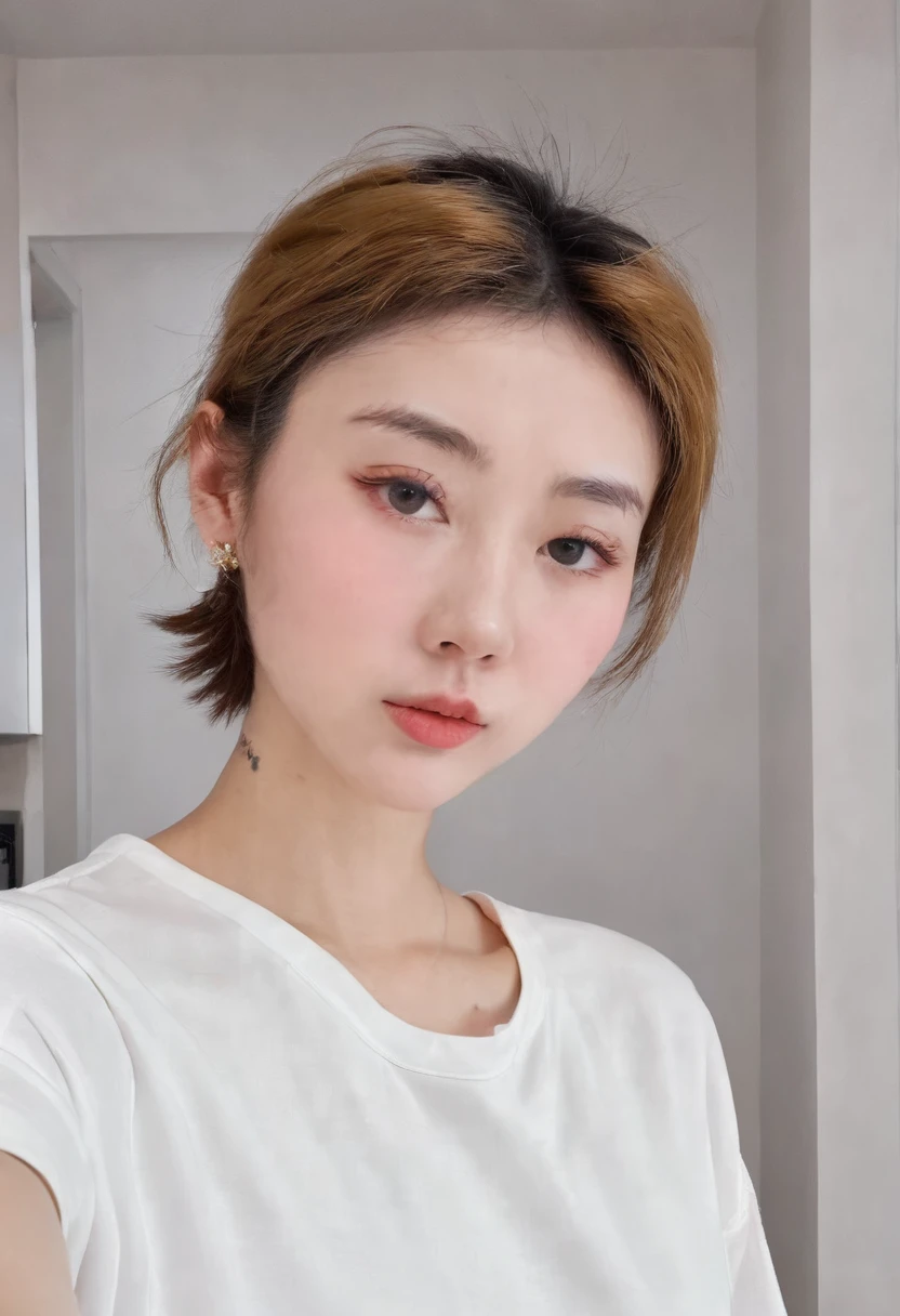 Close-up shot of short-haired woman in white shirt, 8k selfie photo, Young cute pale Asian face,