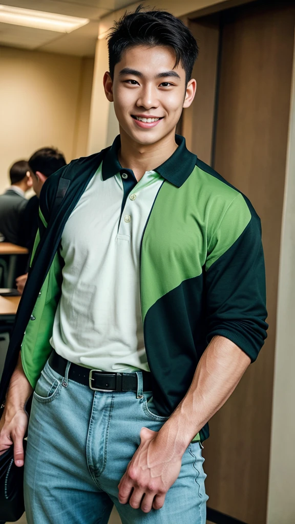 (best quality, 4K, 8K, high resolution, Masterpiece: 1.2), Special details, (realistically, As realistic as a photo, photo realistic: 1.37), Edge lighting, Extra detailed coloring, sharp focus, Physical rendering ,Extremely detailed description,professional,light color,Bokeh,Portrait,look at the viewer,
Young Asian man, 20 years old ,(Wearing a green and black polo shirt), smile ,canteen