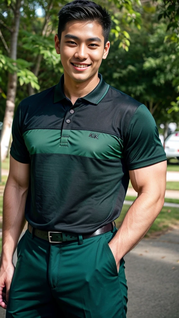 (best quality, 4K, 8K, high resolution, Masterpiece: 1.2), Special details, (realistically, As realistic as a photo, photo realistic: 1.37), Edge lighting, Extra detailed coloring, sharp focus, Physical rendering ,Extremely detailed description,professional,light color,Bokeh,Portrait,look at the viewer,
Young Asian man, 20 years old ,(Wearing a green and black polo shirt), smile ,canteen