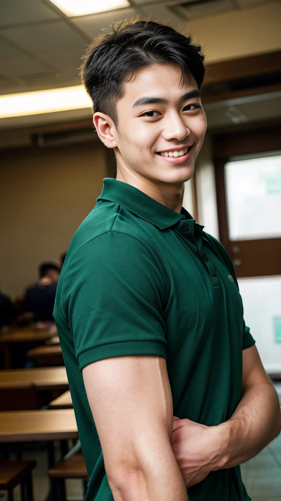 (best quality, 4K, 8K, high resolution, Masterpiece: 1.2), Special details, (realistically, As realistic as a photo, photo realistic: 1.37), Edge lighting, Extra detailed coloring, sharp focus, Physical rendering ,Extremely detailed description,professional,light color,Bokeh,Portrait,look at the viewer,
Young Asian man, 20 years old ,(Wearing a green and black polo shirt), smile ,canteen