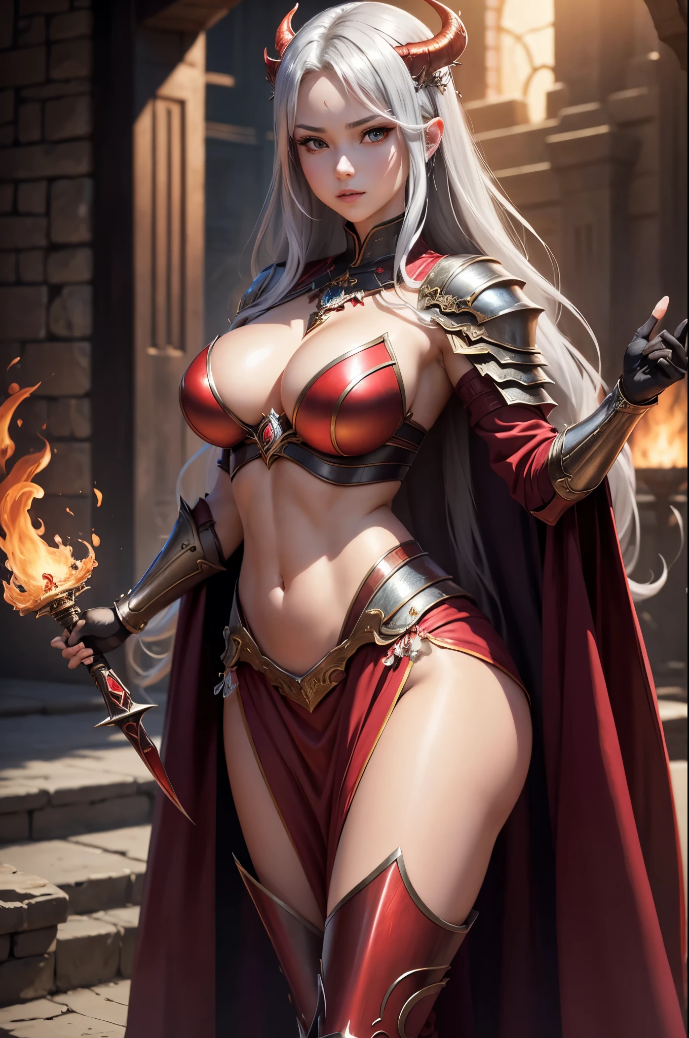 8K、赤いFlame-themed chest armor,A bewitching succubus in gorgeous red armor.,so beautiful(Like the real thing)、A long skirt with a luxurious red flame motif.,An Al-Afed woman poses for a photo with a sword and armour、Beautiful wavy silver hair、Big and ample breasts、Flame-themed chest armor(red and silver)2。5d cgi anime Fantasy artwork、Fan Art Mayor Art Station、デジタルFantasy art)、Big blow Loss Draw、Woman in armor、壮大なFantasy artスタイル、Beautiful Succubus、Charm、Beautiful fangs、Looking at the audience、Captivating Gaze、Laughter、masterpiece,masterpiece,Photorealistic RAW photos of the highest quality。Bright colors,Rich colors, Backlight, Cinema Lighting, Film Grain, to be born, 50mm lens, Nikon D850,Realistic Skin,Fantasy art,Character Art,Ultra-high resolution,Realistic scale skins,Goddess of Evil,Muscular Beauty,Extremely stiff abs,