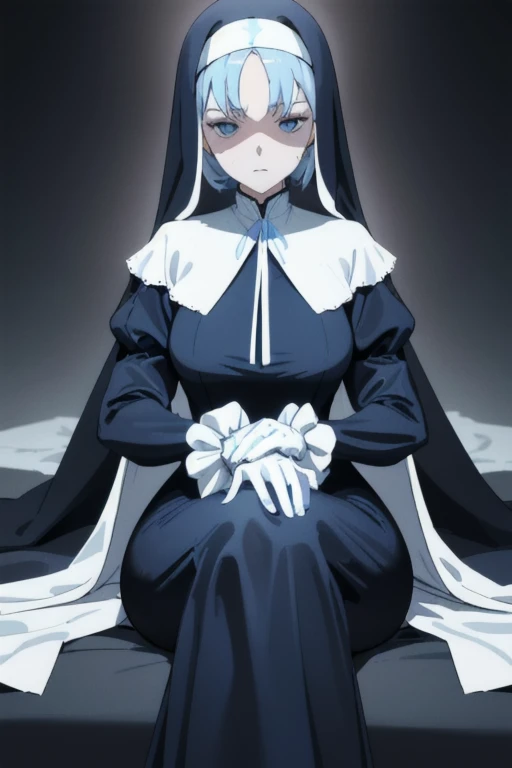Mature women, nun, blue nun outfit, puffy sleeves, blue cape ,blue long skirt, white gloves, long deep black veil, vail cover her face,(look at viewer) ,no face detail, vail covered face, (perfect skin),(no emotion ), anime, sitting, sexy pose