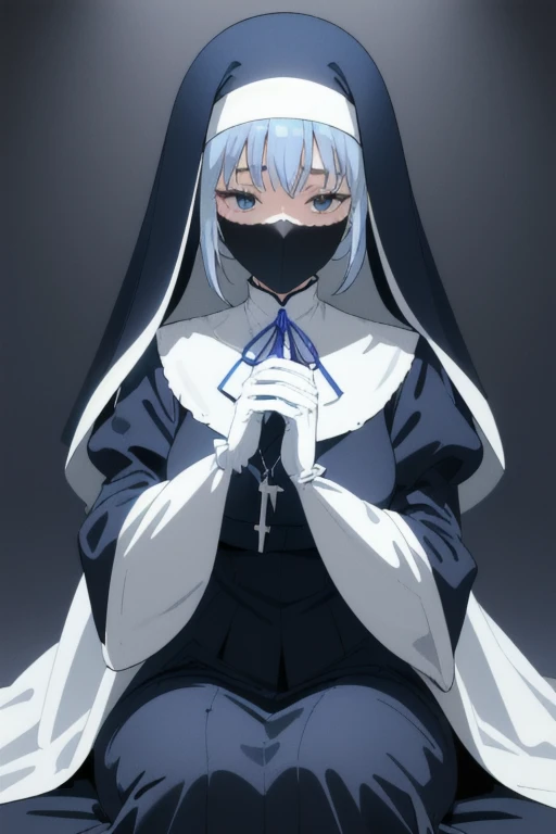 Mature women, nun, blue nun outfit, puffy sleeves, blue cape ,blue long skirt, white gloves, long deep black veil, vail cover her face,(look at viewer) ,no face detail, vail covered face, (perfect skin),(no emotion ), anime, sitting, sexy pose