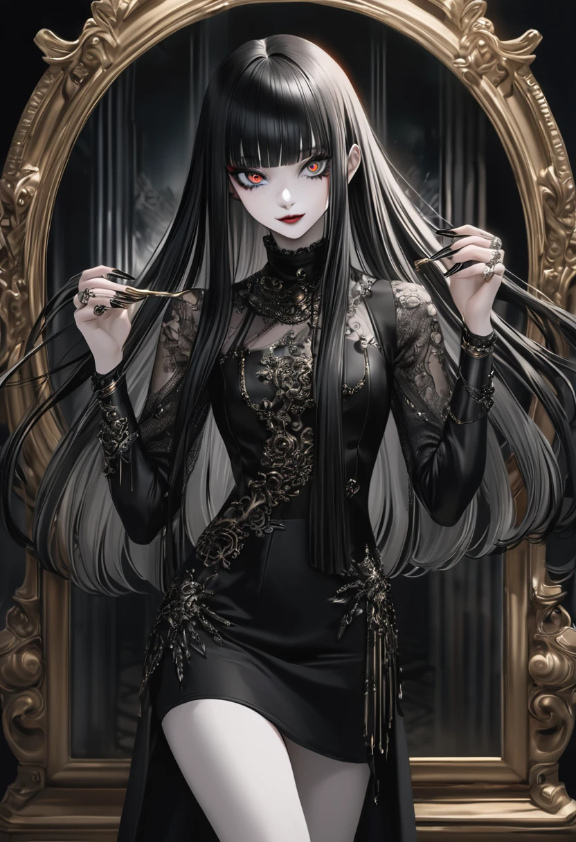 A very cute goth anime girl with gold long straight hair and bangs, wearing rings on her fingers, pale skin, sharp eyes, dark makeup, she has long acrylic nails that have been painted silver, intricate rings on fingers, wearing an all-black outfit, She exudes sophistication and cool. in the style of hyper realistic. fasion style, mysterious smile,
