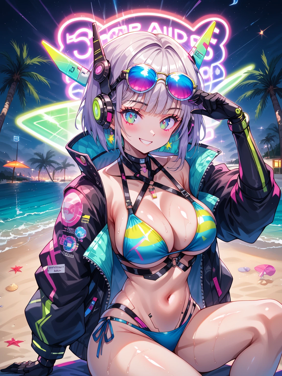 score_9, score_8_up, score_7_up, source_anime,masterpiece, best quality, high resolution, extremely detailed CG, absurdres, highres, 1girl, Shot of a futuristic cyberpunk beach scene at night. The subject, wearing a bikini and jacket combo with a glittery swimsuit underneath, strikes a pose close-up, looking directly at the viewer with a cheeky grin. A mecha arm and headgear adorn their body, with neon lights flashing beneath the surface. Sunglasses perch atop their head, reflecting the bright lights of the beach's neon decorations, ((beach)), neon punk, shiny, sexy body, large_breasts, sitting, (neon lights on swimsuit), ((vapor wave)), neondskdrmsxl,AissistXLv2