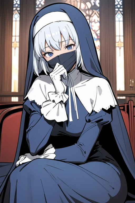 Mature women, nun, blue nun outfit, puffy sleeves, blue cape ,blue long skirt, white gloves, long deep black veil, vail cover her face,(look at viewer) ,no face detail, vail covered face, (perfect skin),(no emotion ), anime, sitting, sexy pose