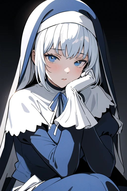Mature women, nun, blue nun outfit, puffy sleeves, blue cape ,blue long skirt, white gloves, long deep black veil, vail cover her face,(look at viewer) ,no face detail, vail covered face, (perfect skin),(no emotion ), anime, sitting, sexy pose