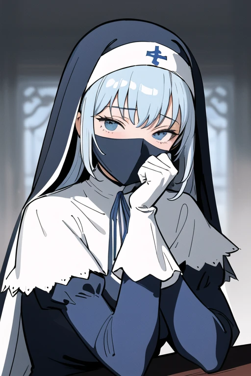 Mature women, nun, blue nun outfit, puffy sleeves, blue cape ,blue long skirt, white gloves, long deep black veil, vail cover her face,(look at viewer) ,no face detail, vail covered face, (perfect skin),(no emotion ), anime, sitting, sexy pose