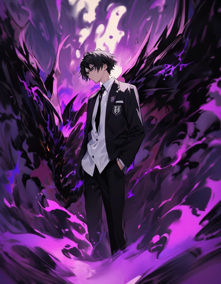 "1boy, 20 year old Boy with black hair , white iris ,complete black eyes,dark purple energy coming right eye. Short black school unbuttoned blazer with school logo,white shirt,black tie with logo,black pants,and sneakers,dark aura , serious expression,hands in the pocket,black dragon spirit, portrait 1:2, visible side profile"