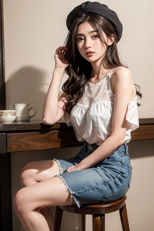 Arabian Asian woman wearing hat and sitting on stool, Photo of Aimitsu, tumbler, What it is？, Chiho, Cute shirt and jeans, Portrait of a Japanese Gal, Ayaka, marisa kirisame, White Background : 3, Sakura Kinomoto, Yuki Morita, harumi, Akemi Takada,Light pink hair, Pink Eyes, Pink and white, Cherry leaves, Vibrant colors, White Dress, Paint splashes, Simple Background, Ray Tracing, Wavy Hair