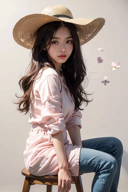 Arabian Asian woman wearing hat and sitting on stool, Photo of Aimitsu, tumbler, What it is？, Chiho, Cute shirt and jeans, Portrait of a Japanese Gal, Ayaka, marisa kirisame, White Background : 3, Sakura Kinomoto, Yuki Morita, harumi, Akemi Takada,Light pink hair, Pink Eyes, Pink and white, Cherry leaves, Vibrant colors, White Dress, Paint splashes, Simple Background, Ray Tracing, Wavy Hair