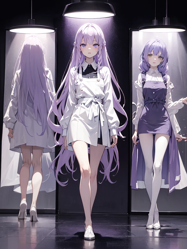 sketch (Character design sheet, same characters, whole body, Three-View, front, ~ ~ ~ side, return),(Very bright:1.1), White Background, [1 Girl:7], (Tilt your head:1.2), ([sketch|watercolor \(Moderate\)]:1.15),full body, Full bangs, Gradient braided hair, (Light purple hair), (Ink blotches:1.1), (pale:1.2),(Light purple:1.2),(Light green:1.2)　and full body, Artistic elements add depth to the work. The overall atmosphere is creepy and nightmarish..., With a unique artistic touch. This movie is、The dark and crazy world of horror movies depicted in HD., Evoke visual stimuli and aesthetic sense, It will terrify and excite the audience....,watercolor画, （Lightless, Eyes without highlights, Evil Eye, A bad looking person with white eyes, It&#39;s a red eyeliner）,whole body絵, Wearing a maid outfit and （Mature face,tall, Wearing black tights,Green Eyes, The skin is hidden　and maid, The background is a dark and desolate landscape, Horror movie atmosphere. Her figure is extremely beautiful, Emphasizing the dark and crazy elements. Skillfully expressing the effects of light and shadow, detailed, The face and expression of the black costume are also carefully drawn...,sketch (Character design sheet, same characters, whole body, Three-View, front, ~ ~ ~ side, return) and 1 female, Nervous,Cowboy Shot,,(Very bright:1.1), White Background, [1 Girl:7], (Tilt your head:1.2), ([sketch|watercolor \(Moderate\)]:1.15),Chaotic Abstract