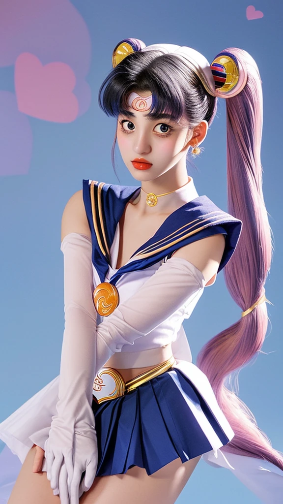 masterpiece, best quality, detailed, ((official style)), (((sailor moon, tsukino usagi, solo))), /Sailor Moon/, double bun, twintails, parted bangs, hair ornament, crescent facial mark, jewelry, earrings, choker, puffy short sleeves, pink sleeves, BREAK, heart brooch, white gloves, elbow gloves, blue pleated skirt.