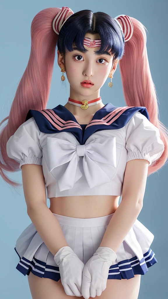 masterpiece, best quality, detailed, ((official style)), (((sailor moon, tsukino usagi, solo))), /Sailor Moon/, double bun, twintails, parted bangs, hair ornament, crescent facial mark, jewelry, earrings, choker, puffy short sleeves, pink sleeves, BREAK, heart brooch, white gloves, elbow gloves, blue pleated skirt.