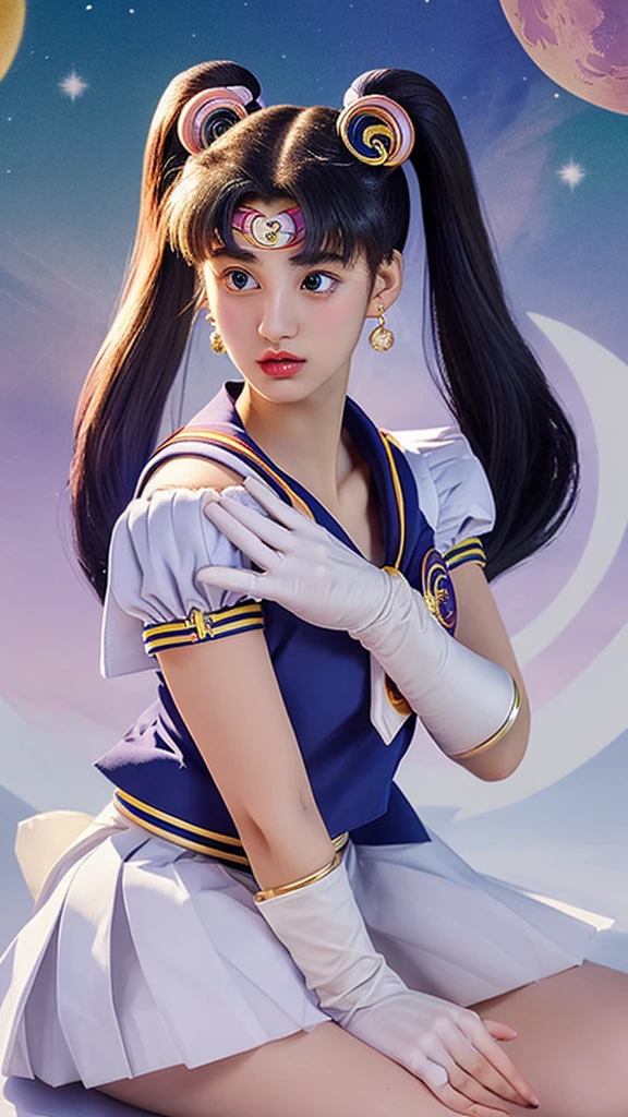 masterpiece, best quality, detailed, ((official style)), (((sailor moon, tsukino usagi, solo))), /Sailor Moon/, double bun, twintails, parted bangs, hair ornament, crescent facial mark, jewelry, earrings, choker, puffy short sleeves, pink sleeves, BREAK, heart brooch, white gloves, elbow gloves, blue pleated skirt.