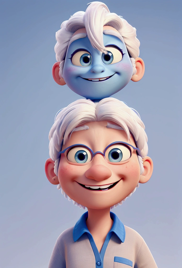 cartoon character, disney, pixar, cross arm, shirt blue. Grinning, White hair, high qualiy, with the left hand in front, happy face, eyes wide open, from sideways, round collar shirt, fine-detailed, cross arm com a mão pela frente, showing 5 fingers, very happy face, happy