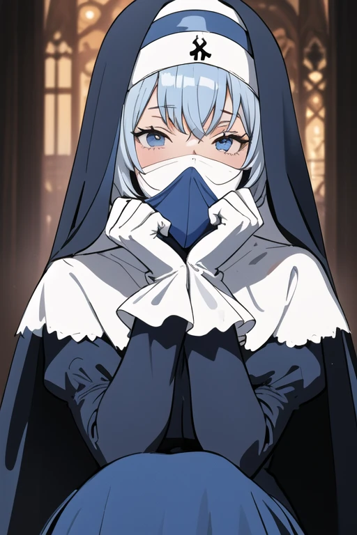 Mature women, nun, blue nun outfit, puffy sleeves, blue cape ,blue long skirt, white gloves, long deep black veil, vail cover her face,(look at viewer), vail covered face, (perfect skin),(no emotion ), anime, sitting, sexy pose