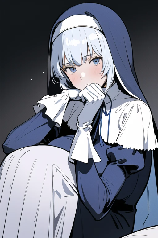 Mature women, nun, blue nun outfit, puffy sleeves, blue cape ,blue long skirt, white gloves, long deep black veil, vail cover her face,(look at viewer), vail covered face, (perfect skin),(no emotion ), anime, sitting, sexy pose