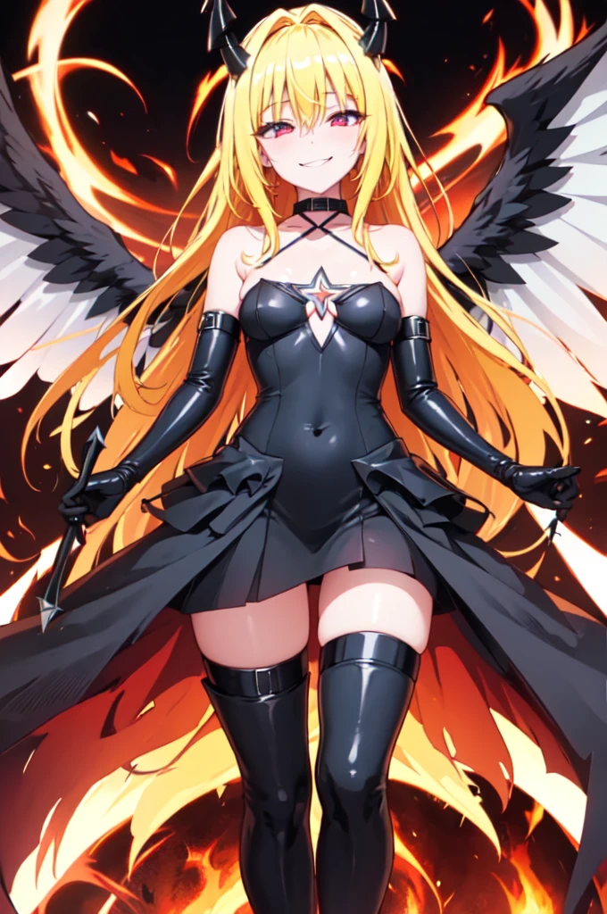 (masterpiece:1.6, best quality), (finely detailed beautiful eyes: 1.2), phyami, yamidarkness, 1girl, 独奏, blonde hair, wings, long hair, horns, red eyes, black wings, bare shoulders, hair intakes, collarbone, choker, demon horns, halterneck, feathered wings, collar, anime coloring, hair between eyes, criss-cross halter, black dress, demon girl, bangs, very long hair, light smile, 
laugh at,too evil smile,too evil smirk,looking down at viewer,upper body,smile bad,deep shaded face,evil fall,latex elbow gloves,latex thighhigh boots,Malice,contempt,laugh at,
