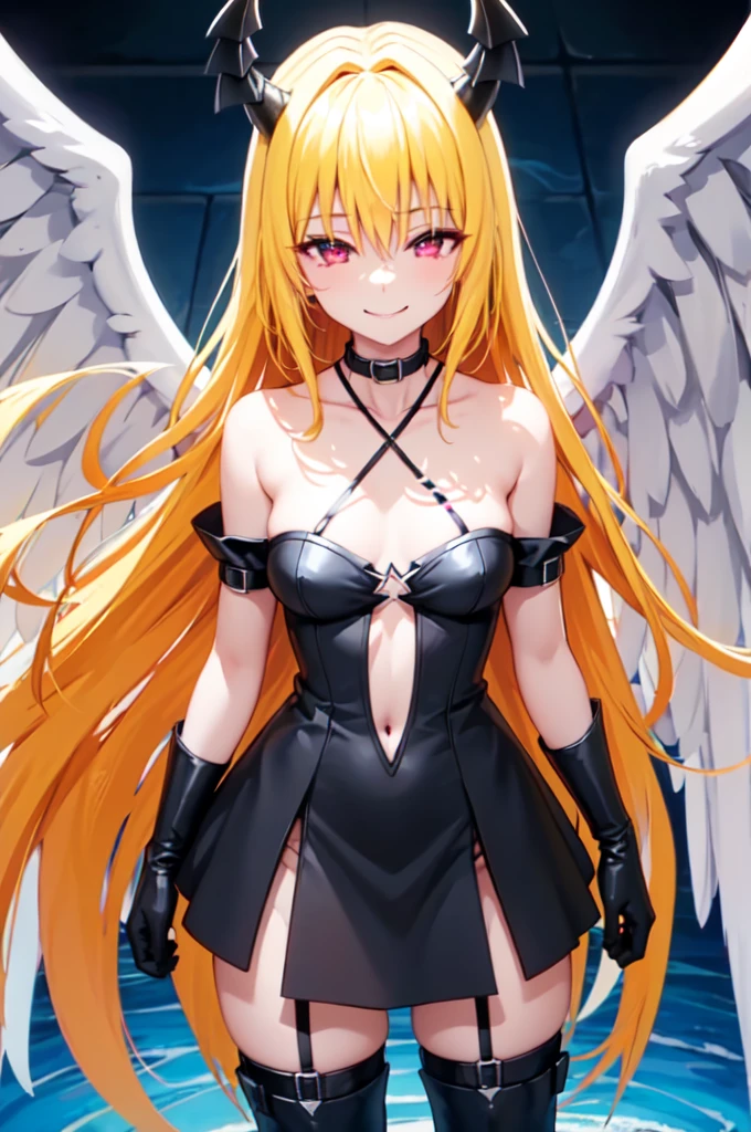 (masterpiece:1.6, best quality), (finely detailed beautiful eyes: 1.2), phyami, yamidarkness, 1girl, 独奏, blonde hair, wings, long hair, horns, red eyes, black wings, bare shoulders, hair intakes, collarbone, choker, demon horns, halterneck, feathered wings, collar, anime coloring, hair between eyes, criss-cross halter, black dress, demon girl, bangs, very long hair, light smile,
laugh at,too evil smile,too evil smirk,looking down at viewer,upper body,smile bad,deep shaded face,evil fall,latex elbow gloves,latex thighhigh boots,Malice,contempt,laugh at,