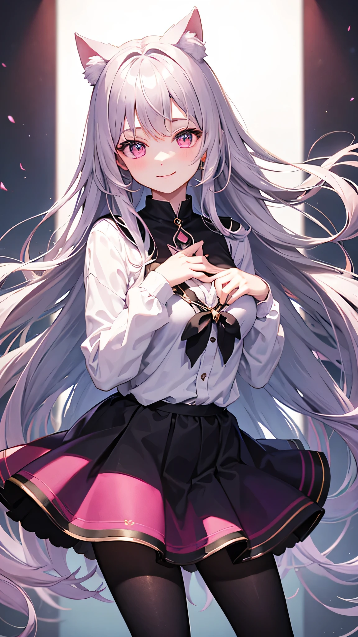 anime,Sparkling eyes,Highlighted eyes,Medium chest,pretty girl,smile,Cat ear,Beautiful silver hair,Pink inside,Beautiful pink eyes,Oversized shirt,skirt,black tights