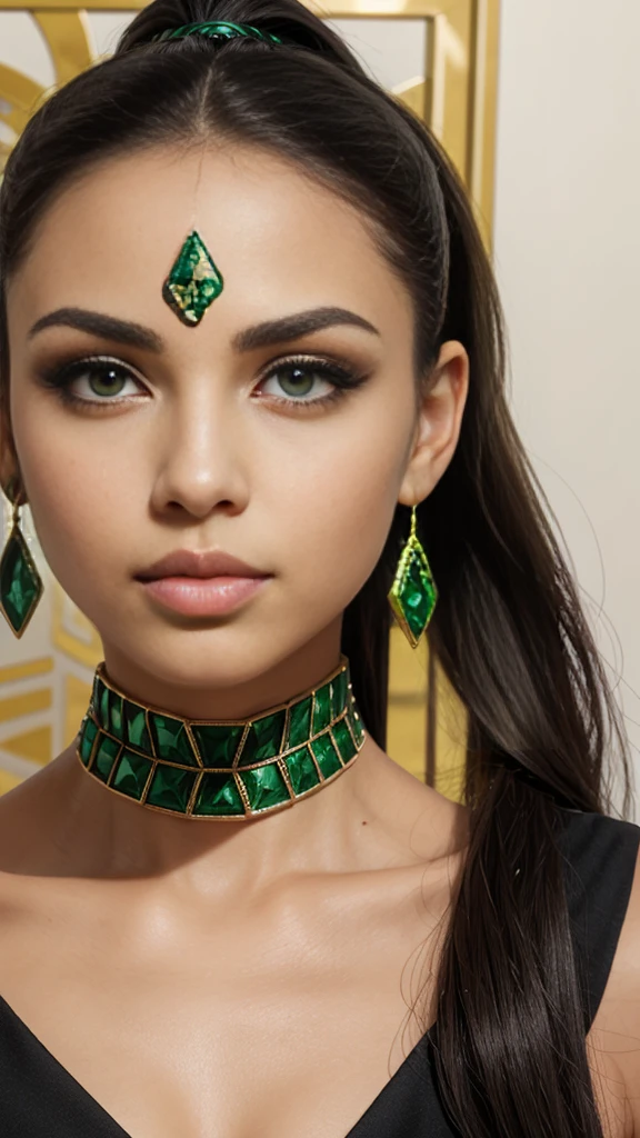 Diamond face shape, green eyes, eyes Egyptian, big lips, lips natural colored, beautiful, long hair, black hair, hair in a ponytail, green rhombus stone in the forehead, thin earrings 