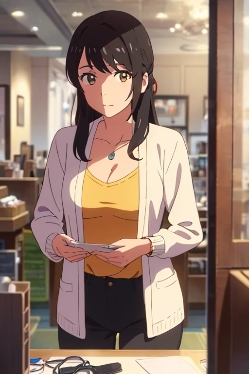 shinkai makoto, kimi no na wa., 1girl, bangs, black hair, brown eyes, Twisted Half Up, red ribbon, long hair, long sleeve light yellow cardigan, open shirt, yellow shirt, cleavage, breast, medium breast, Orange shirt, name tag written "LUMINE Miyamizu", looking at the viewer, indoors, jewelry products, jewelry shop, jewelry saleswoman, indoors, mall, masterpiece, perfect anatomy, cowboyshot, POV (POV boy's hands unbuttoning girl's shirt POV)