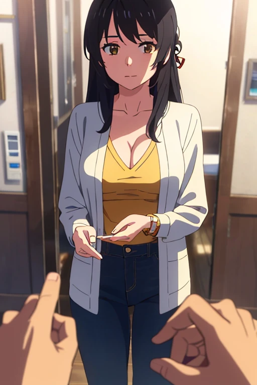 shinkai makoto, kimi no na wa., 1girl, bangs, black hair, brown eyes, Twisted Half Up, red ribbon, long hair, long sleeve light yellow cardigan, open shirt, yellow shirt, cleavage, breast, medium breast, Orange shirt, name tag written "LUMINE Miyamizu", looking at the viewer, indoors, jewelry products, jewelry shop, jewelry saleswoman, indoors, mall, masterpiece, perfect anatomy, cowboyshot, POV (POV boy's hands unbuttoning girl's shirt POV)