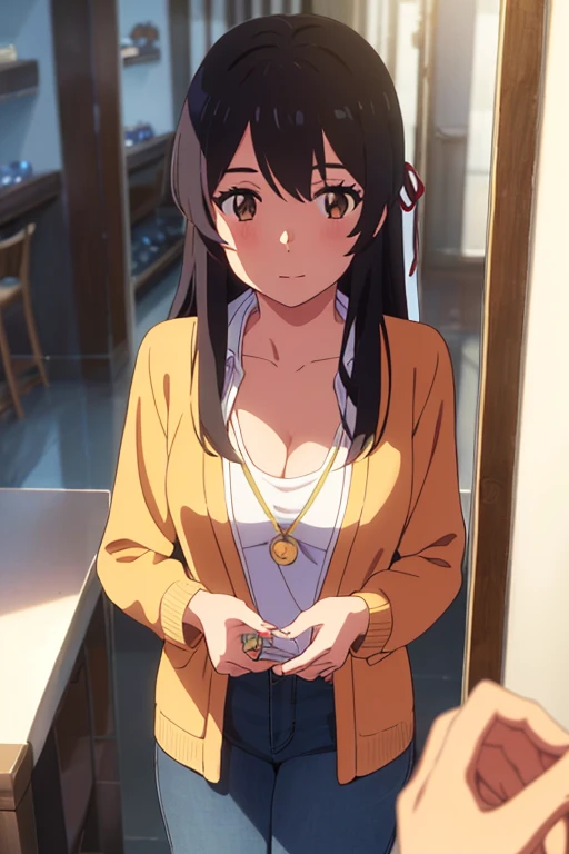 shinkai makoto, kimi no na wa., 1girl, bangs, black hair, brown eyes, Twisted Half Up, red ribbon, long hair, long sleeve light yellow cardigan, open shirt, yellow shirt, cleavage, breast, medium breast, Orange shirt, name tag written "LUMINE Miyamizu", looking at the viewer, indoors, jewelry products, jewelry shop, jewelry saleswoman, indoors, mall, masterpiece, perfect anatomy, cowboyshot, POV (POV boy's hands unbuttoning girl's shirt POV)