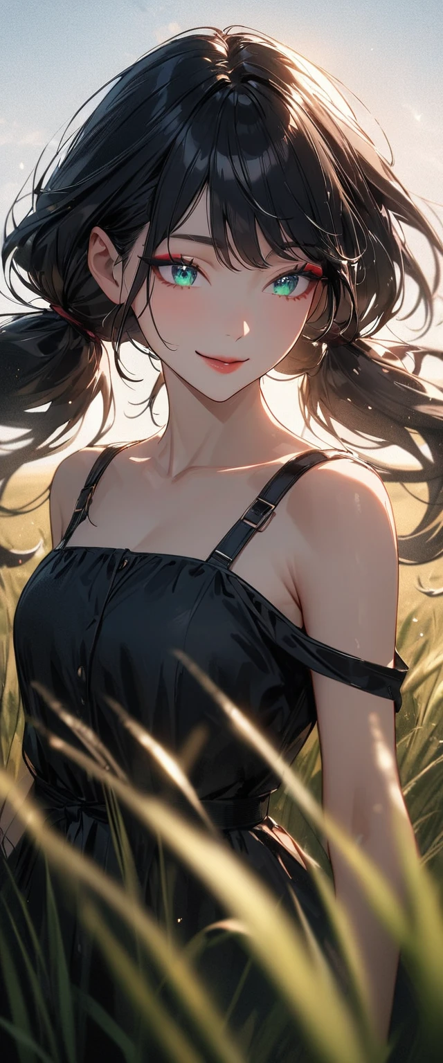 Photo of a woman with natural skin, grassland, Upper Body, Smiling, High Twintails, Black hair with red mesh, Sharp eyes with red eyeshadow, Blue-green eyes, Shining eyes, A thin, upturned nose, Well-shaped lips, ((Black off-the-shoulder dress, Thin shoulder straps)), barefoot, Makeup, Exquisitely crafted with the utmost attention to detail, Vibrant, amazing, Smooth, Cinematic, 4K, Backlight, ((綺麗な星空が見える広いgrassland)), Shallow depth of field, ((Detailed eyes:1.3, Detailed lips:1.3, high quality, )), masterpiece, Super detailed images, High quality