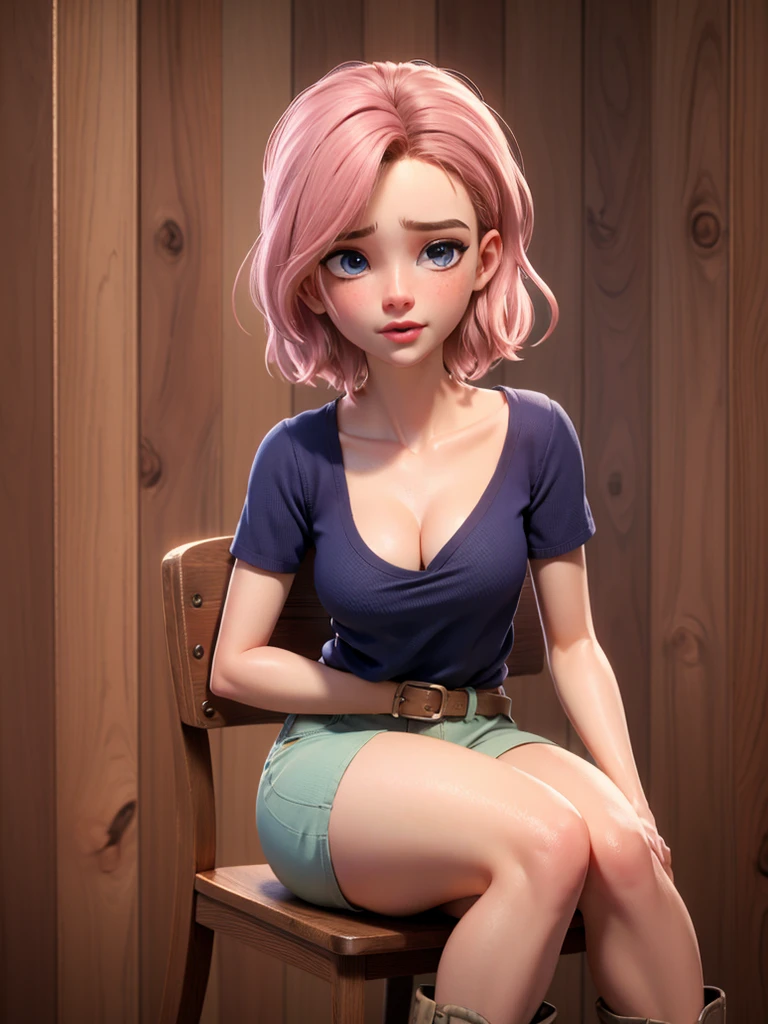 (((1 person:1.0))),(((Wear brown hot pants:1.0))),(((Brown short sleeve T-shirt:1.0))),(((Wear a gun belt:1.0))),((Wearing a watch:1.0))),(((Showing cleavage))),(((Exposed thin inner thighs))),(((Small breasts:1.0))),(((Bare arms))),(((Put on your boots:1.0))),((Blushed:1.2)), Beautiful detailed girl, Very detailed目と顔, 緻密でBeautiful Eyes, Very detailed, High resolution, Highest quality, masterpiece, Very detailed, 8k wallpaper, wonderful, finely, Highest quality,(Standing in front of a wooden wall),Beautiful Eyes,((Engage your audience:1.0)),((Cowboy Shot:1.0))),((Front shot:1.2)),((Place your right hand on your chest:1.0)),((Drinking whiskey:1.0)),(((Drunk,Crying face:1.0))),(((Sit on a chair:1.0)))