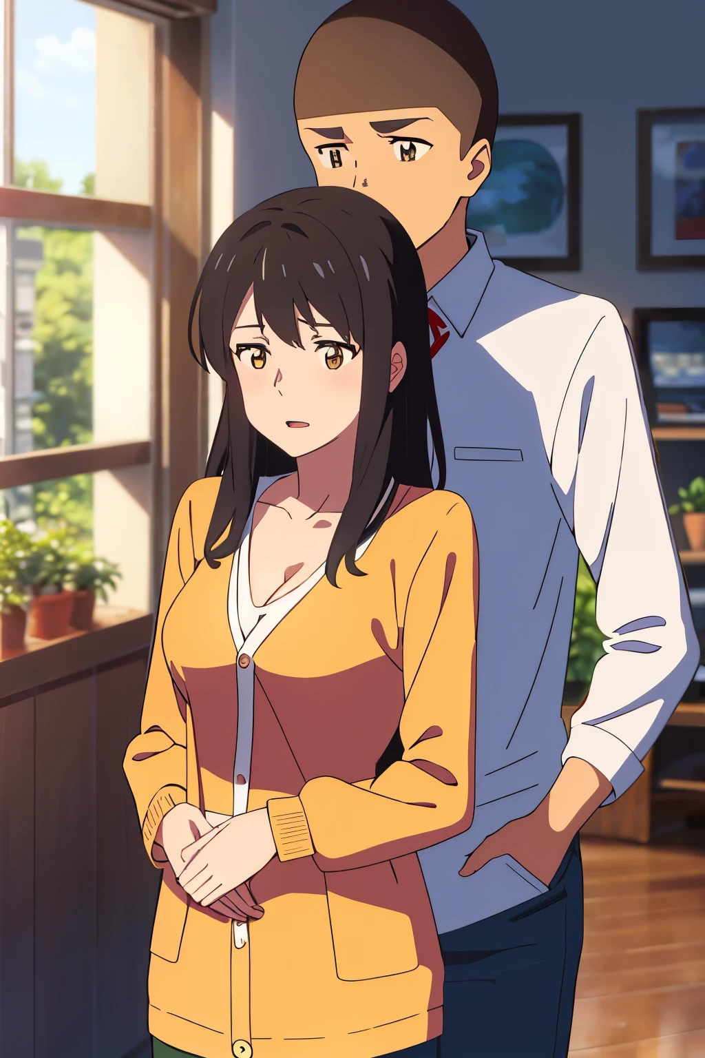 shinkai makoto, kimi no na wa., 1boy, buzzcut, iffice suit,boy touching girl chest,chestgrope from behind, kiss cheeks, passionate hug, boy is hugging from behind, 1girl, bangs, black hair, brown eyes, open mouth, Twisted Half Up, red ribbon, long hair, long sleeve light yellow cardigan, open shirt, yellow shirt, cleavage, breast, medium breast, Orange shirt, orange jeans, indoors, mall, masterpiece, perfect anatomy, cowboyshot,