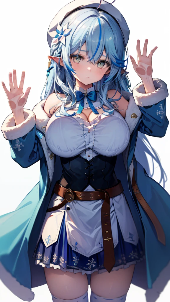 (Ultra-high resolution,masterpiece, Attention to detail, Highest quality), 8K,(aalamy, long hair, streaked hair, ahoge, braid, beret, white headwear, hair flower, blue bowtie, cleavage, clothing cutout, white shirt, off shoulder, sleeveless, black corset, blue coat, snowflake print, fur-trimmed coat, open clothes, white thighhighs, brown belt, blue skirt),(Blessed,Captivating body、Ultra-detailed skin、Super beautiful eyes、Detailed Background),One girl, (breasts_on_Glass,breast press, against Glass, hands on Glass:1.2),window fog, embarrassed, (white background:1.7), (from front:1.3),Perfect five-finger, huge breasts