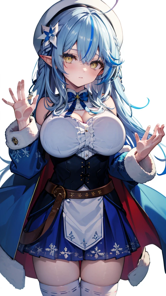 (Ultra-high resolution,masterpiece, Attention to detail, Highest quality), 8K,(aalamy, long hair, streaked hair, ahoge, braid, beret, white headwear, hair flower, blue bowtie, cleavage, clothing cutout, white shirt, off shoulder, sleeveless, black corset, blue coat, snowflake print, fur-trimmed coat, open clothes, white thighhighs, brown belt, blue skirt),(Blessed,Captivating body、Ultra-detailed skin、Super beautiful eyes、Detailed Background),One girl, (breasts_on_Glass,breast press, against Glass, hands on Glass:1.2),window fog, embarrassed, (white background:1.7), (from front:1.3),Perfect five-finger, huge breasts