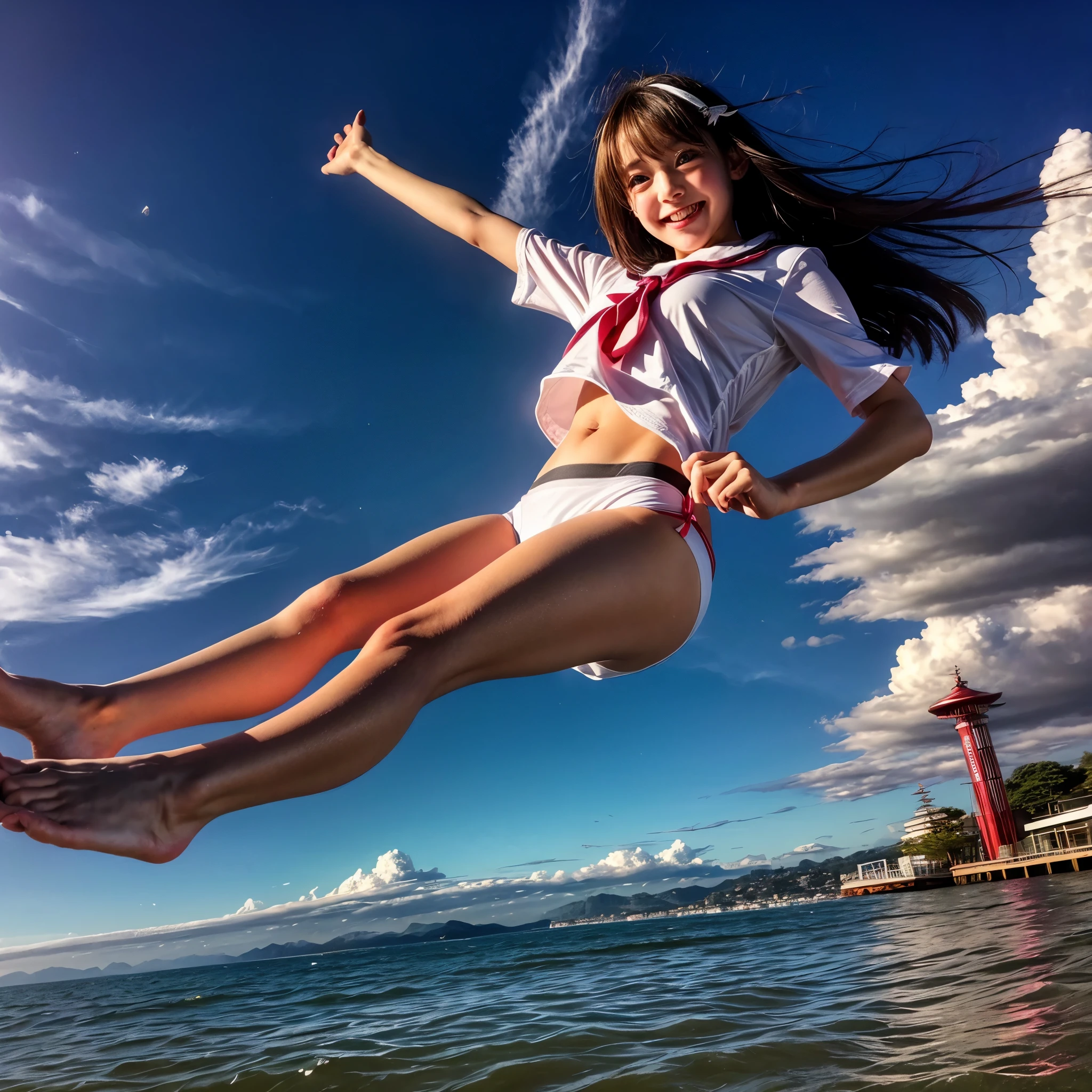 ((ExtremelyDetailed ( KAWAII Girl Floating:1.37) in WHITE at Dusk Enoshima Beach)), (masterpiece 8K TopQuality) (ProfessionalPhoto:1.37), {(Standing Full Body:1.2)|(from below:1.2)}, Different types of hair colors, {(White skinny(School Swimwear))|(SchoolUniform) with Tiny AthleticShorts}, {Corrected Childish hand|Hidden hand|Armpit|Different types of breasts|(Clearly Visible the shape of Butt)}, Joyful Expressions LifeLike Rendering, PerfectLighting, Dazzling Horizon {Colorful Clouds | Starry IridescentParticles} VolumetricLighting (Acutance:0.8)