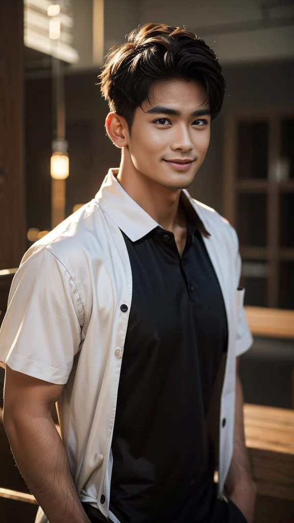 Thai man, short hairstyle, buzz cut, handsome, muscular, big muscles, broad shoulders, model wearing a black polo shirt, standing and smiling.
