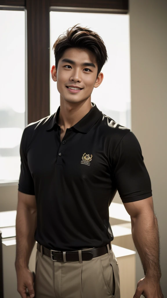 Thai man, short hairstyle, buzz cut, handsome, muscular, big muscles, broad shoulders, model wearing a black polo shirt, standing and smiling.