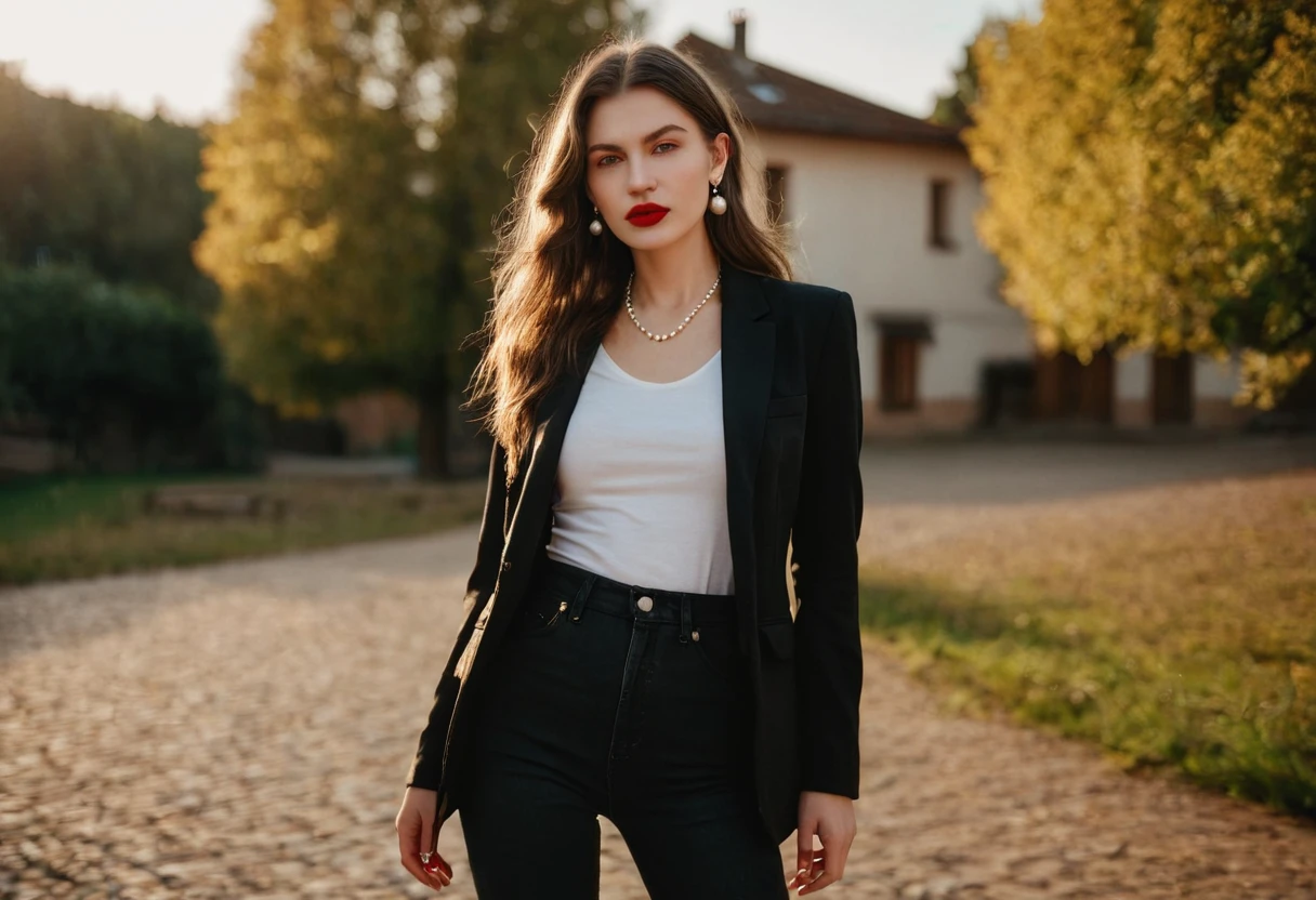 color digital photograph of Lucie Prochazka a woman from czech republic wearing (a black blazer), (a white t-shirt), (black skinny jeans), (black ankle boots), (pearl earrings), (red lipstick), and Slingbacks shoes shot on Nikon Z9 by Denis Karasev, 26 years old, pale skin, (long hair), tiny figure, small breasts, feeling, at golden hour,full body, masterpiece, natural lighting, (outdoor setting:1.2), warm tones, side lighting, natural skin details, 4k, UHD, masterpiece, detailed eyes, detailed face, detailed skin, perfect hands, perfect feets, photo, high skin detail, moles, imperfect skin, ultra realism, RAW photo, subsurface scattering